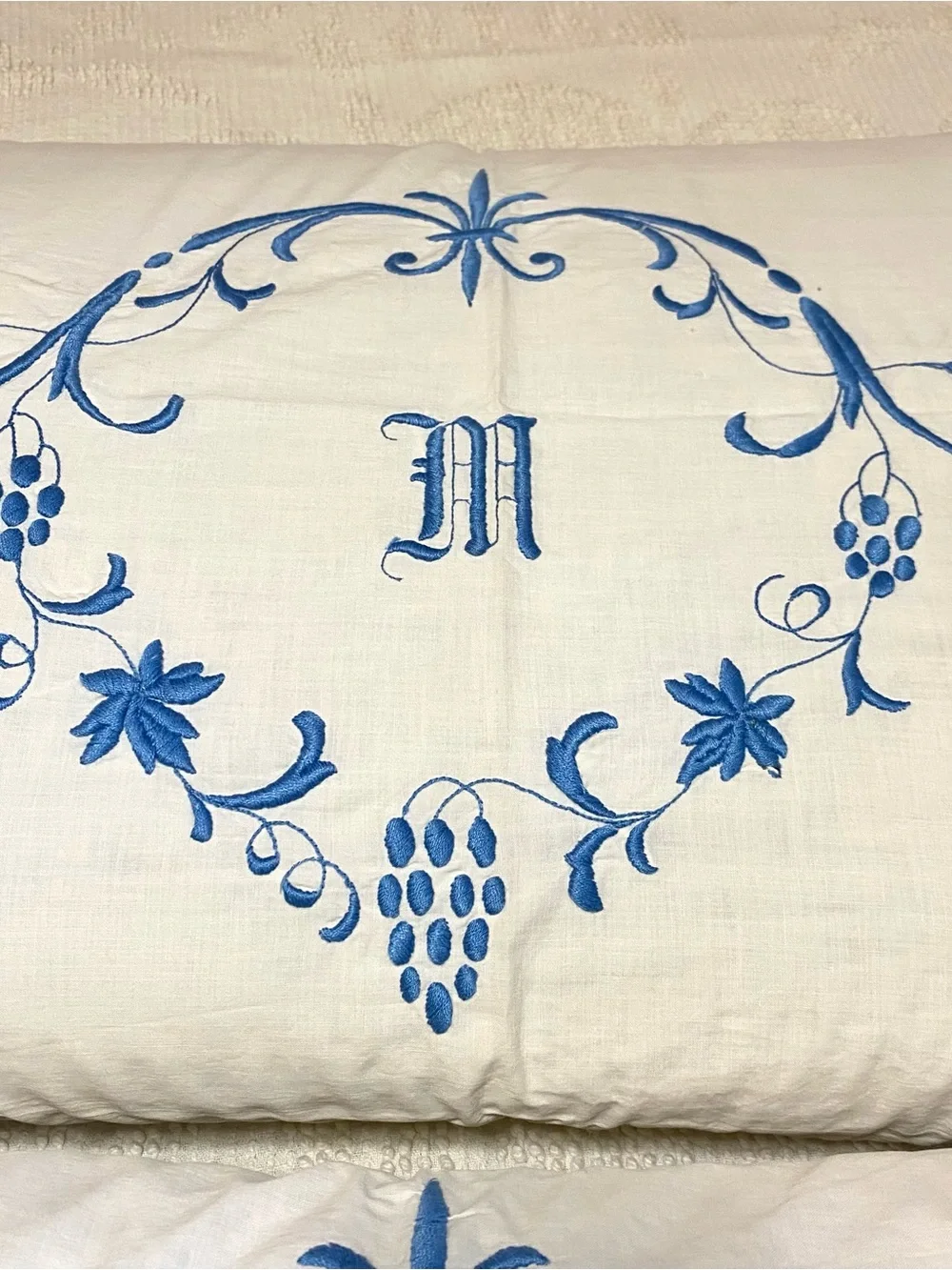 Vintage Cream Pillowcases with Blue Vine Monogram - Vintage